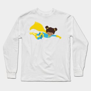 African American Girl, Superhero Girl, Yellow Cape Long Sleeve T-Shirt